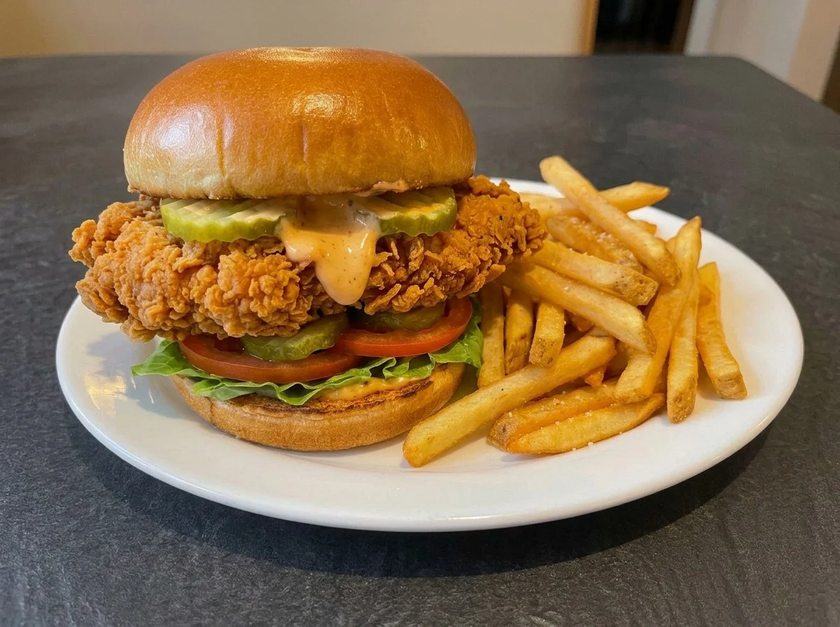 Chicken Burger with fries on side
